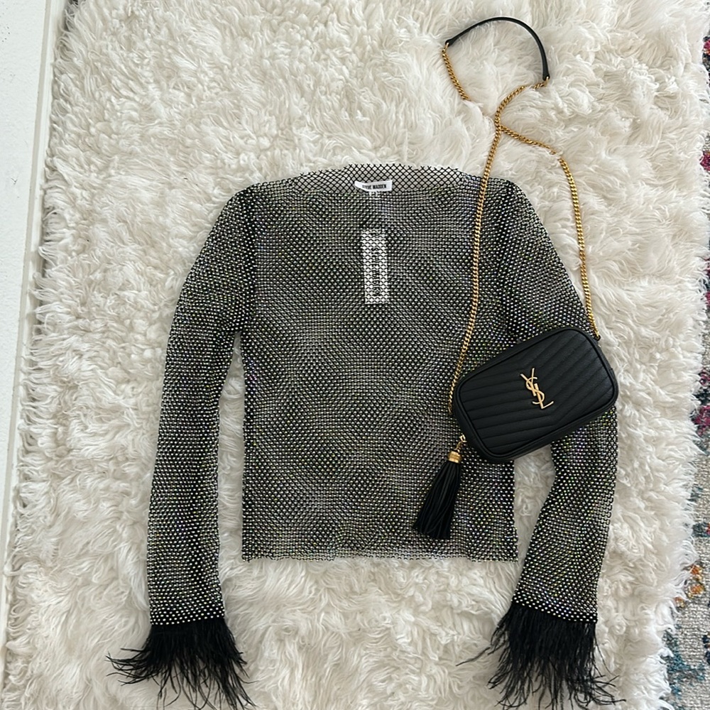 Steve Madden Charlize Black Mesh Rhinestone Feather Longsleeve Top M